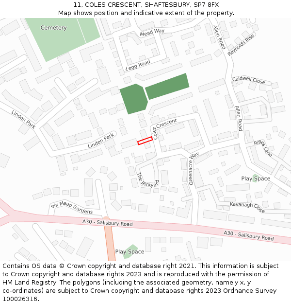 11, COLES CRESCENT, SHAFTESBURY, SP7 8FX: Location map and indicative extent of plot