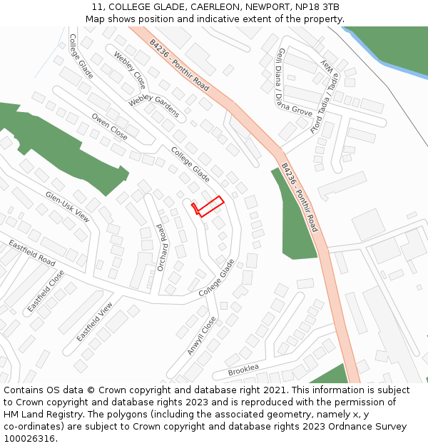 11, COLLEGE GLADE, CAERLEON, NEWPORT, NP18 3TB: Location map and indicative extent of plot
