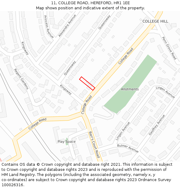 11, COLLEGE ROAD, HEREFORD, HR1 1EE: Location map and indicative extent of plot