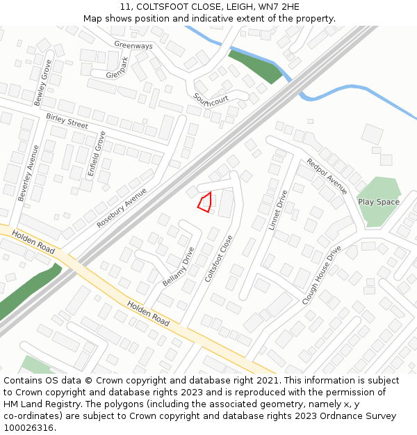11, COLTSFOOT CLOSE, LEIGH, WN7 2HE: Location map and indicative extent of plot