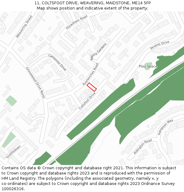 11, COLTSFOOT DRIVE, WEAVERING, MAIDSTONE, ME14 5FP: Location map and indicative extent of plot