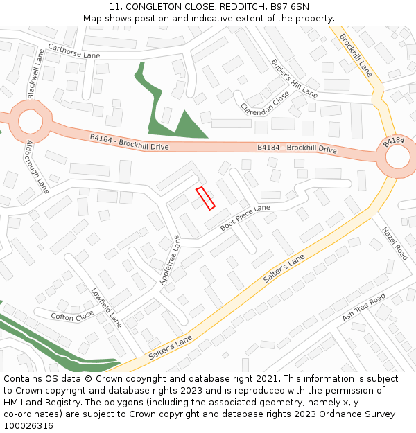 11, CONGLETON CLOSE, REDDITCH, B97 6SN: Location map and indicative extent of plot