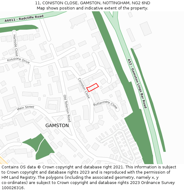 11, CONISTON CLOSE, GAMSTON, NOTTINGHAM, NG2 6ND: Location map and indicative extent of plot