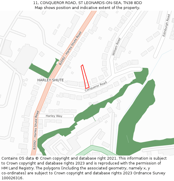 11, CONQUEROR ROAD, ST LEONARDS-ON-SEA, TN38 8DD: Location map and indicative extent of plot