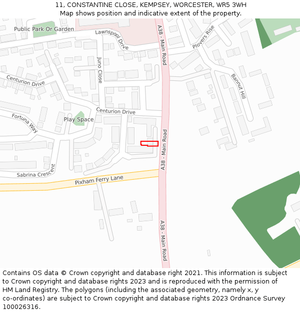 11, CONSTANTINE CLOSE, KEMPSEY, WORCESTER, WR5 3WH: Location map and indicative extent of plot