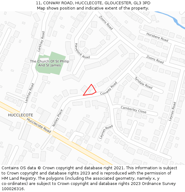 11, CONWAY ROAD, HUCCLECOTE, GLOUCESTER, GL3 3PD: Location map and indicative extent of plot