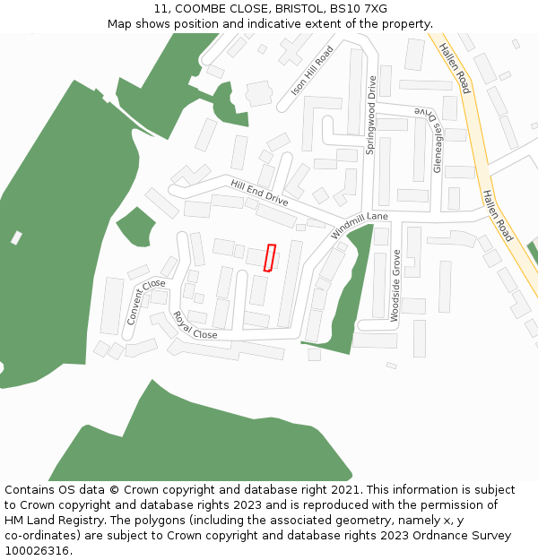 11, COOMBE CLOSE, BRISTOL, BS10 7XG: Location map and indicative extent of plot