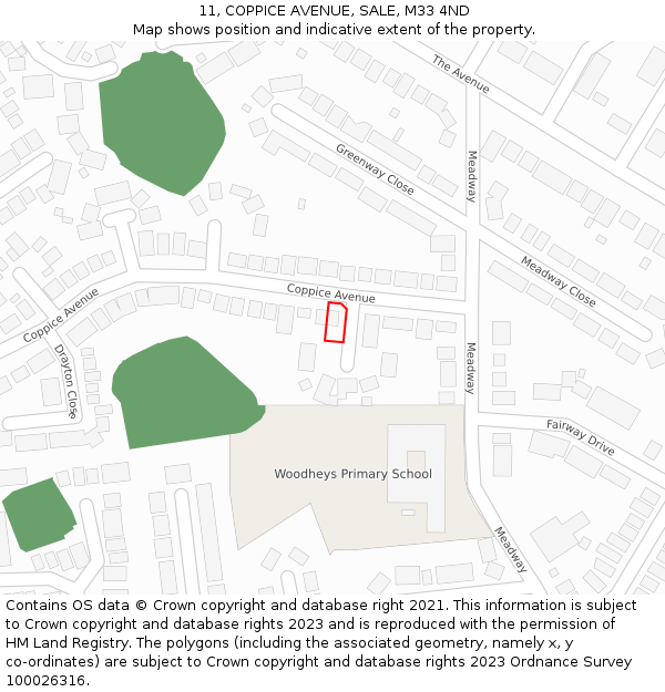 11, COPPICE AVENUE, SALE, M33 4ND: Location map and indicative extent of plot