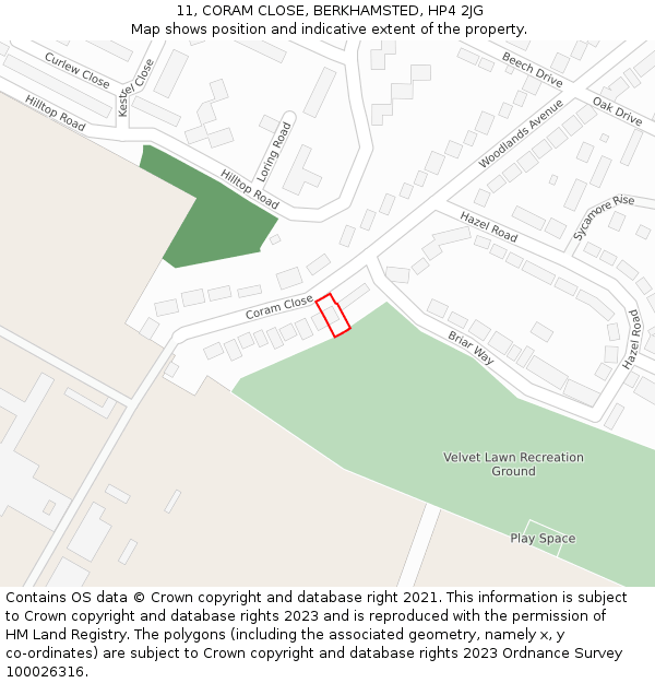 11, CORAM CLOSE, BERKHAMSTED, HP4 2JG: Location map and indicative extent of plot