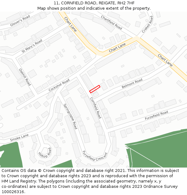 11, CORNFIELD ROAD, REIGATE, RH2 7HF: Location map and indicative extent of plot