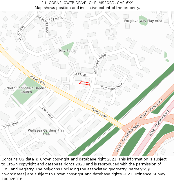 11, CORNFLOWER DRIVE, CHELMSFORD, CM1 6XY: Location map and indicative extent of plot