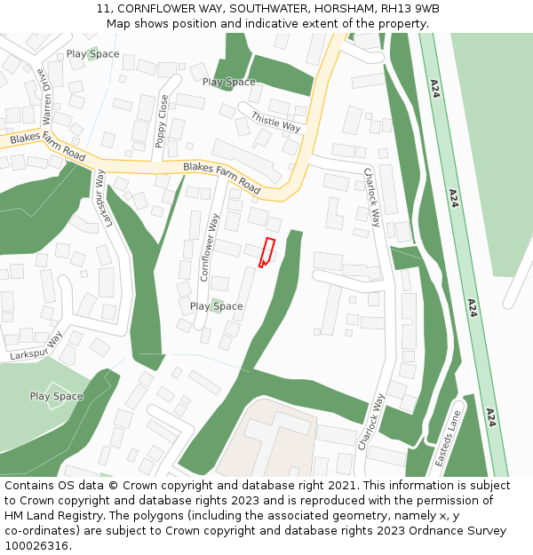 11, CORNFLOWER WAY, SOUTHWATER, HORSHAM, RH13 9WB: Location map and indicative extent of plot