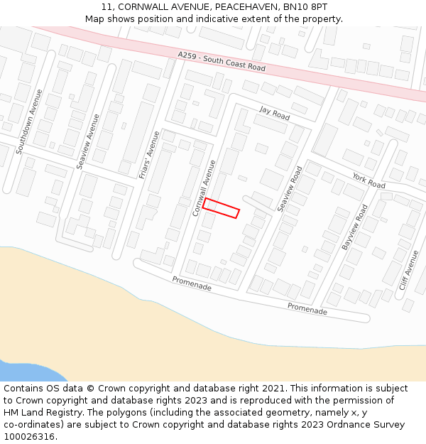 11, CORNWALL AVENUE, PEACEHAVEN, BN10 8PT: Location map and indicative extent of plot