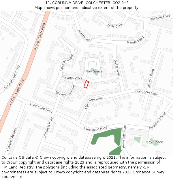 11, CORUNNA DRIVE, COLCHESTER, CO2 9HF: Location map and indicative extent of plot