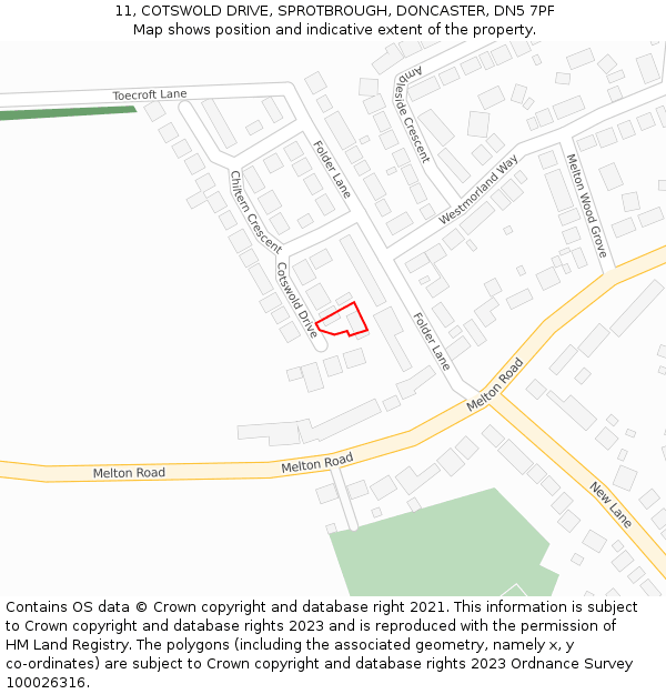 11, COTSWOLD DRIVE, SPROTBROUGH, DONCASTER, DN5 7PF: Location map and indicative extent of plot