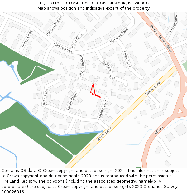 11, COTTAGE CLOSE, BALDERTON, NEWARK, NG24 3GU: Location map and indicative extent of plot