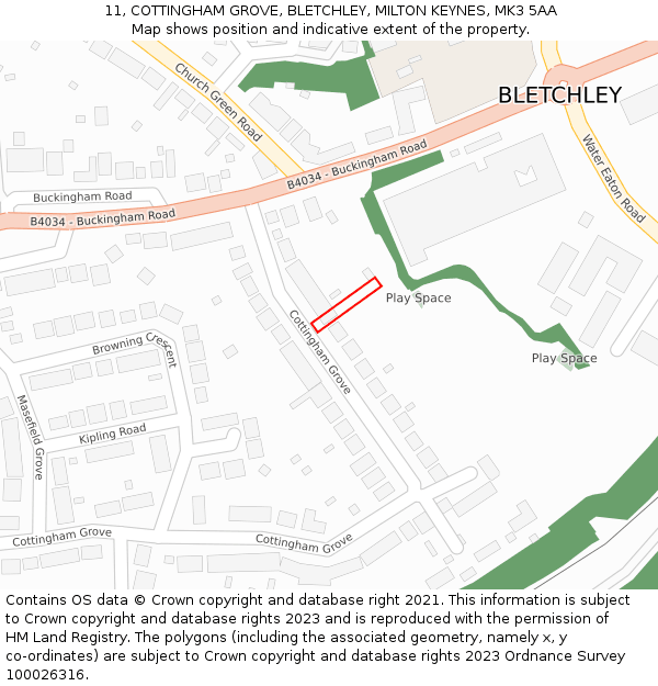 11, COTTINGHAM GROVE, BLETCHLEY, MILTON KEYNES, MK3 5AA: Location map and indicative extent of plot