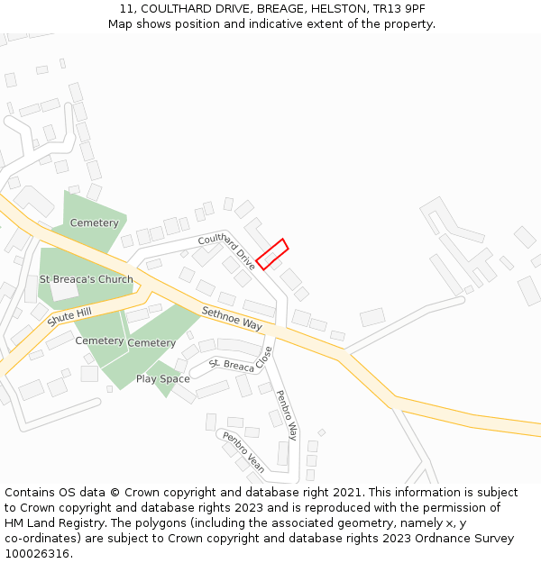 11, COULTHARD DRIVE, BREAGE, HELSTON, TR13 9PF: Location map and indicative extent of plot