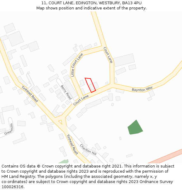 11, COURT LANE, EDINGTON, WESTBURY, BA13 4PU: Location map and indicative extent of plot