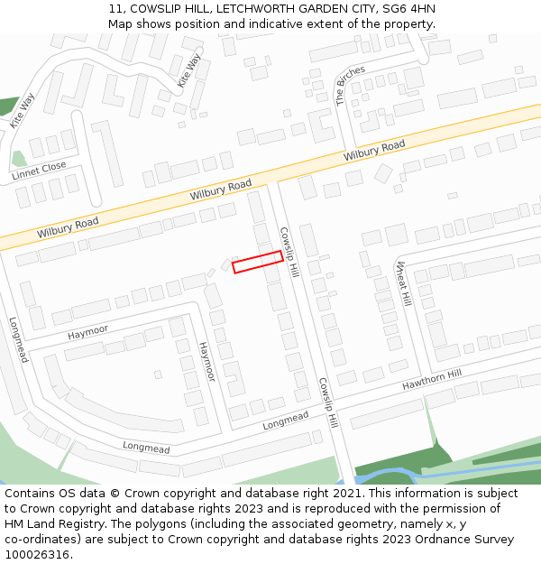 11, COWSLIP HILL, LETCHWORTH GARDEN CITY, SG6 4HN: Location map and indicative extent of plot