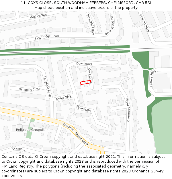 11, COXS CLOSE, SOUTH WOODHAM FERRERS, CHELMSFORD, CM3 5SL: Location map and indicative extent of plot