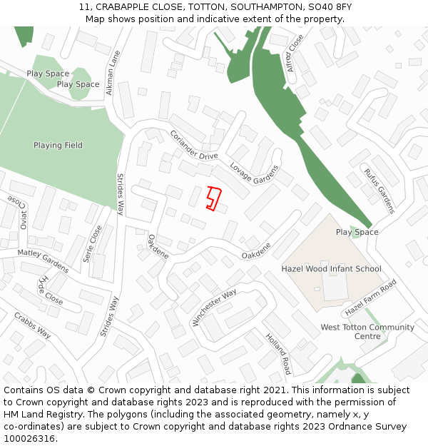 11, CRABAPPLE CLOSE, TOTTON, SOUTHAMPTON, SO40 8FY: Location map and indicative extent of plot