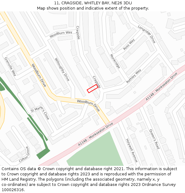11, CRAGSIDE, WHITLEY BAY, NE26 3DU: Location map and indicative extent of plot