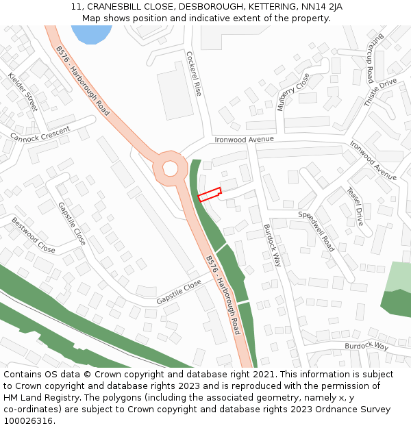 11, CRANESBILL CLOSE, DESBOROUGH, KETTERING, NN14 2JA: Location map and indicative extent of plot