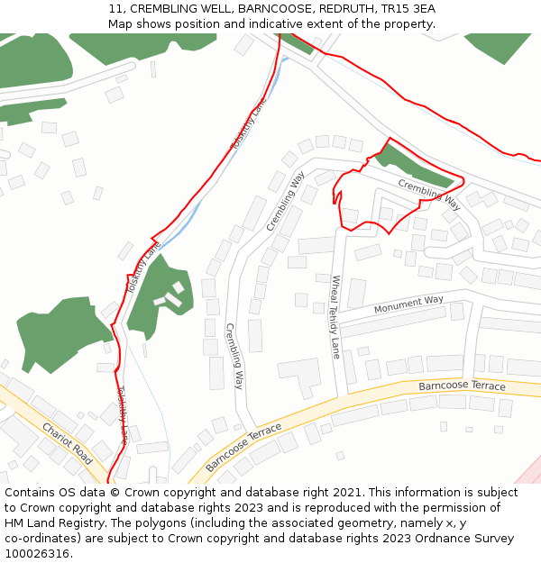 11, CREMBLING WELL, BARNCOOSE, REDRUTH, TR15 3EA: Location map and indicative extent of plot