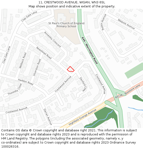 11, CRESTWOOD AVENUE, WIGAN, WN3 6SL: Location map and indicative extent of plot