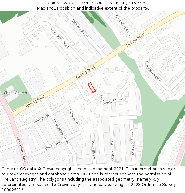 11, CRICKLEWOOD DRIVE, STOKE-ON-TRENT, ST6 5SA: Location map and indicative extent of plot