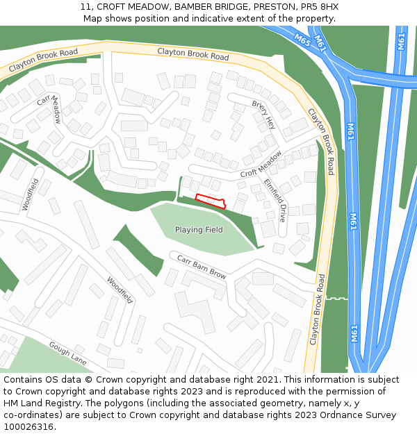 11, CROFT MEADOW, BAMBER BRIDGE, PRESTON, PR5 8HX: Location map and indicative extent of plot