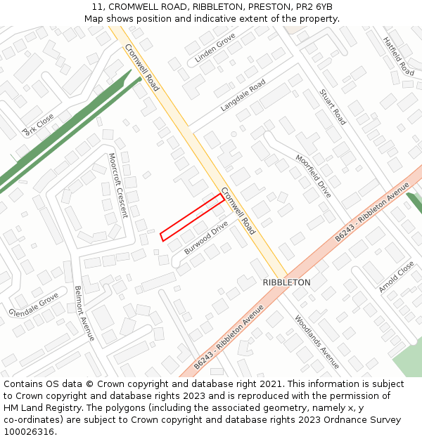11, CROMWELL ROAD, RIBBLETON, PRESTON, PR2 6YB: Location map and indicative extent of plot