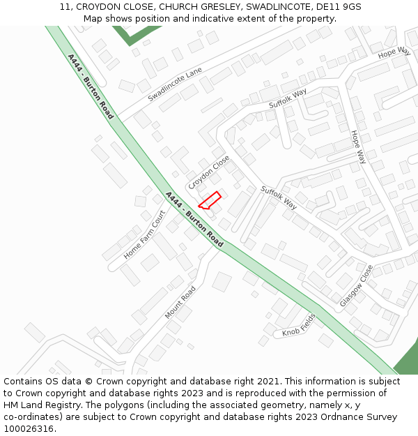 11, CROYDON CLOSE, CHURCH GRESLEY, SWADLINCOTE, DE11 9GS: Location map and indicative extent of plot