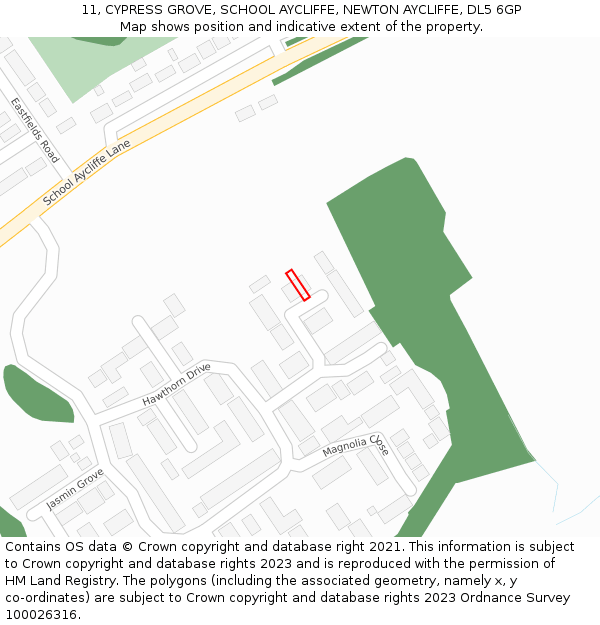 11, CYPRESS GROVE, SCHOOL AYCLIFFE, NEWTON AYCLIFFE, DL5 6GP: Location map and indicative extent of plot