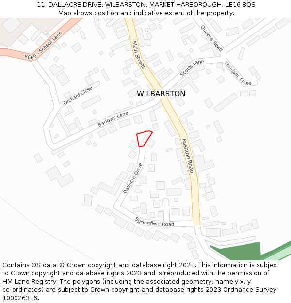 11, DALLACRE DRIVE, WILBARSTON, MARKET HARBOROUGH, LE16 8QS: Location map and indicative extent of plot