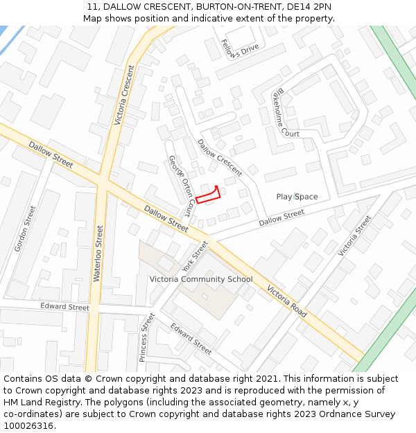 11, DALLOW CRESCENT, BURTON-ON-TRENT, DE14 2PN: Location map and indicative extent of plot