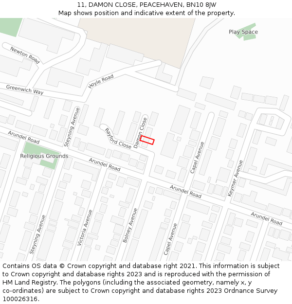 11, DAMON CLOSE, PEACEHAVEN, BN10 8JW: Location map and indicative extent of plot