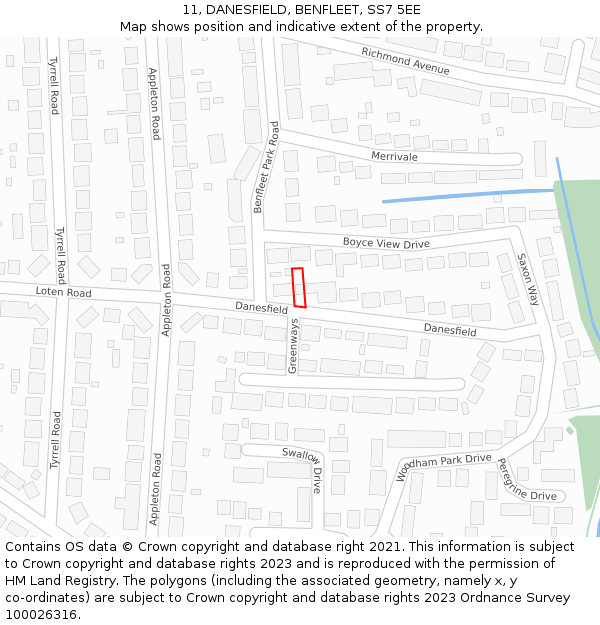 11, DANESFIELD, BENFLEET, SS7 5EE: Location map and indicative extent of plot