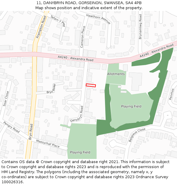 11, DANYBRYN ROAD, GORSEINON, SWANSEA, SA4 4PB: Location map and indicative extent of plot