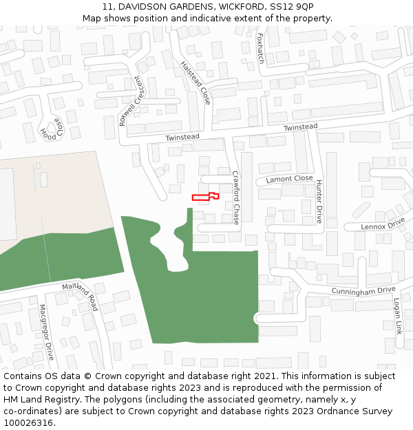 11, DAVIDSON GARDENS, WICKFORD, SS12 9QP: Location map and indicative extent of plot