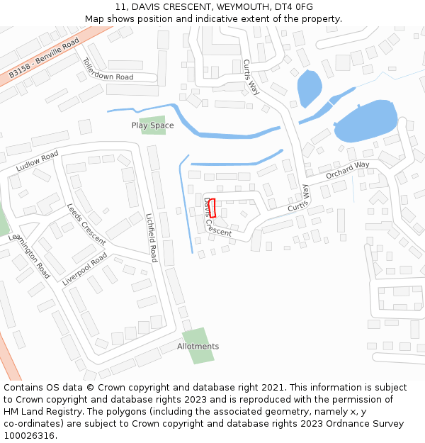 11, DAVIS CRESCENT, WEYMOUTH, DT4 0FG: Location map and indicative extent of plot