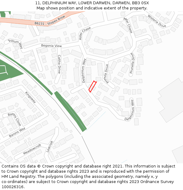 11, DELPHINIUM WAY, LOWER DARWEN, DARWEN, BB3 0SX: Location map and indicative extent of plot