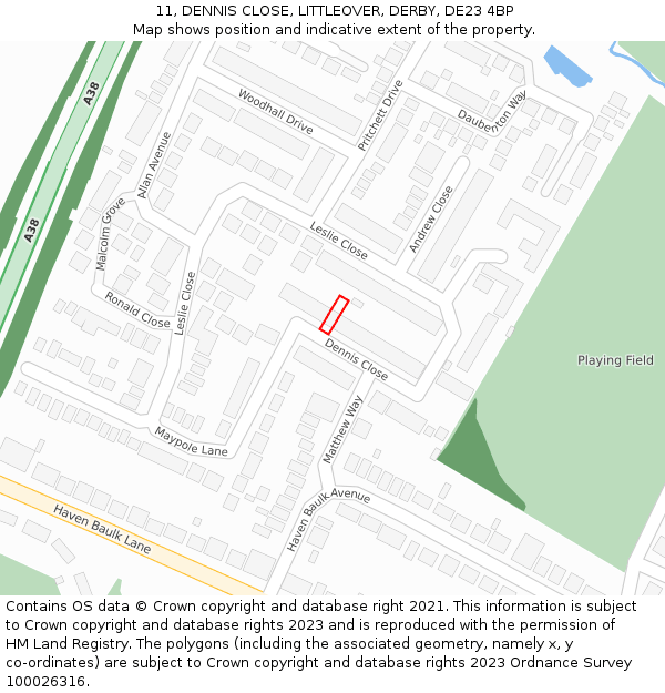 11, DENNIS CLOSE, LITTLEOVER, DERBY, DE23 4BP: Location map and indicative extent of plot