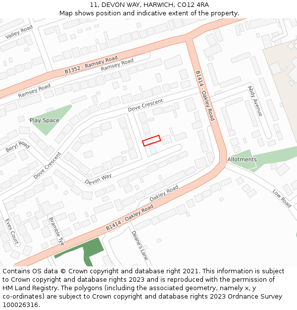 11, DEVON WAY, HARWICH, CO12 4RA: Location map and indicative extent of plot