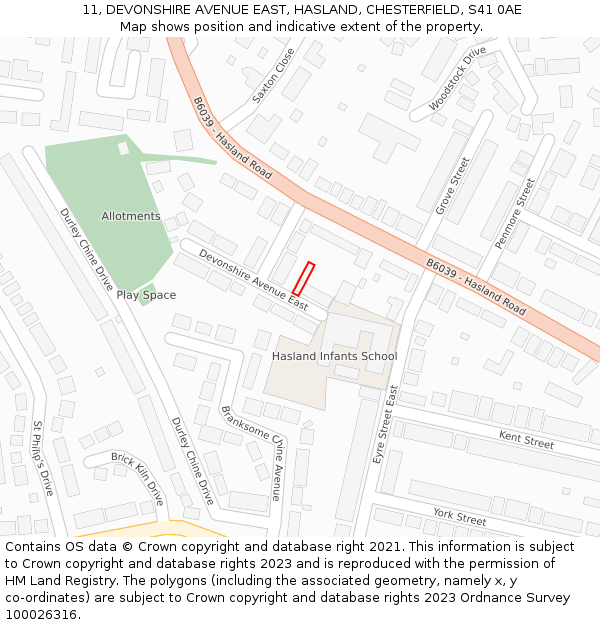 11, DEVONSHIRE AVENUE EAST, HASLAND, CHESTERFIELD, S41 0AE: Location map and indicative extent of plot