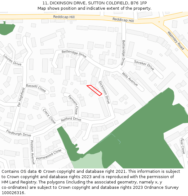 11, DICKINSON DRIVE, SUTTON COLDFIELD, B76 1FP: Location map and indicative extent of plot