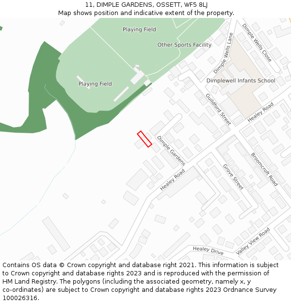 11, DIMPLE GARDENS, OSSETT, WF5 8LJ: Location map and indicative extent of plot