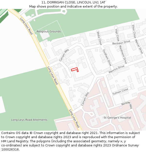 11, DORRIGAN CLOSE, LINCOLN, LN1 1AT: Location map and indicative extent of plot