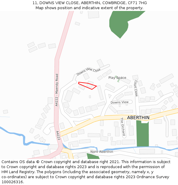11, DOWNS VIEW CLOSE, ABERTHIN, COWBRIDGE, CF71 7HG: Location map and indicative extent of plot
